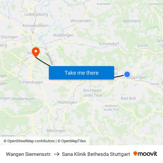 Wangen Siemensstr. to Sana Klinik Bethesda Stuttgart map