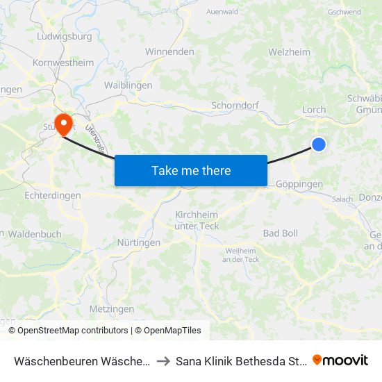 Wäschenbeuren Wäscherhofstr. to Sana Klinik Bethesda Stuttgart map