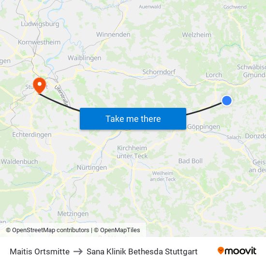 Maitis Ortsmitte to Sana Klinik Bethesda Stuttgart map