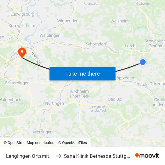 Lenglingen Ortsmitte to Sana Klinik Bethesda Stuttgart map