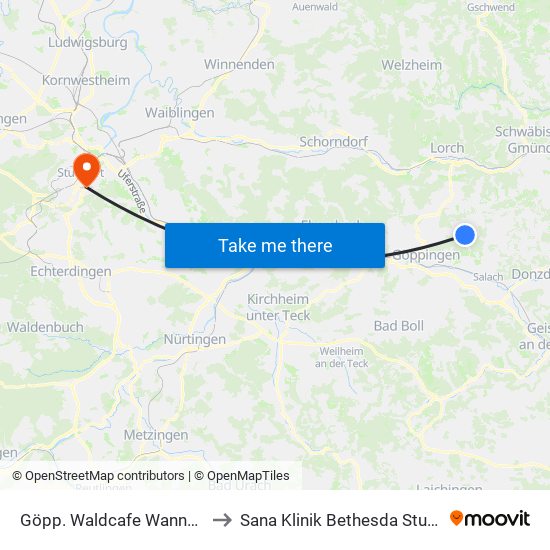 Göpp. Waldcafe Wannenhof to Sana Klinik Bethesda Stuttgart map