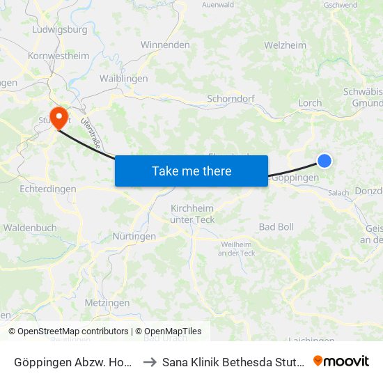 Göppingen Abzw. Hohrein to Sana Klinik Bethesda Stuttgart map