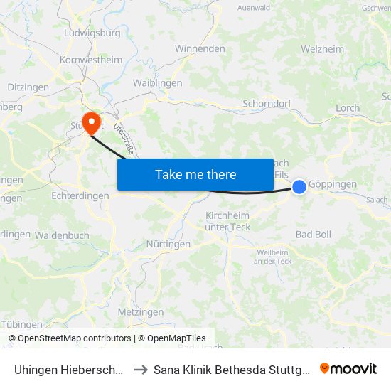 Uhingen Hieberschule to Sana Klinik Bethesda Stuttgart map
