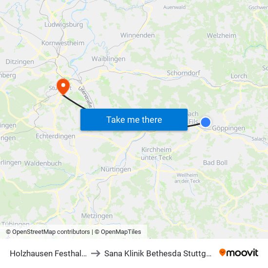 Holzhausen Festhalle to Sana Klinik Bethesda Stuttgart map