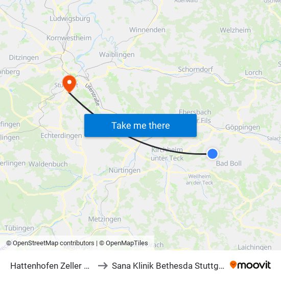 Hattenhofen Zeller Str. to Sana Klinik Bethesda Stuttgart map