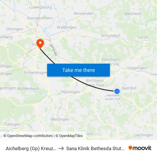 Aichelberg (Gp) Kreuzung to Sana Klinik Bethesda Stuttgart map