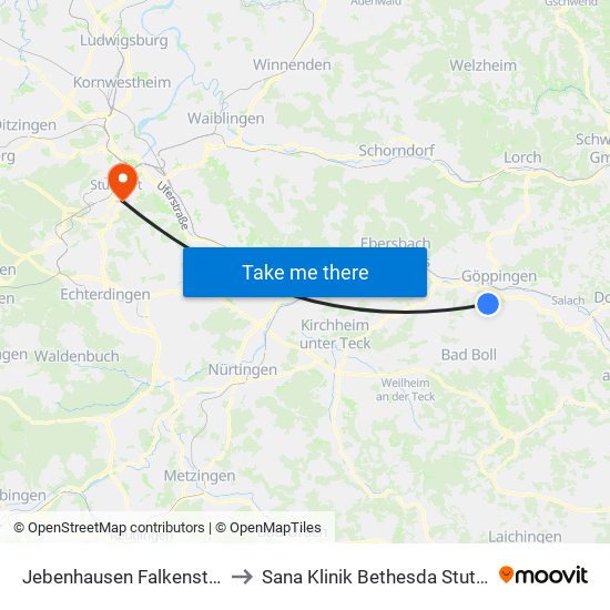 Jebenhausen Falkenstraße to Sana Klinik Bethesda Stuttgart map