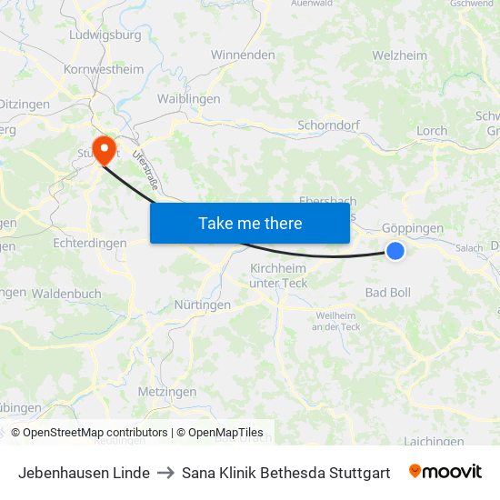 Jebenhausen Linde to Sana Klinik Bethesda Stuttgart map