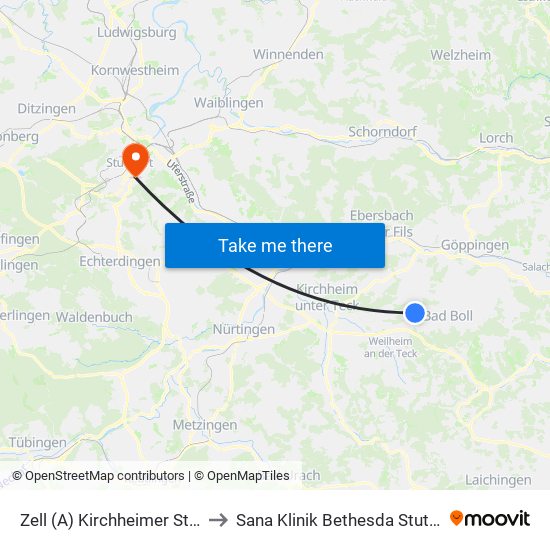 Zell (A) Kirchheimer Straße to Sana Klinik Bethesda Stuttgart map