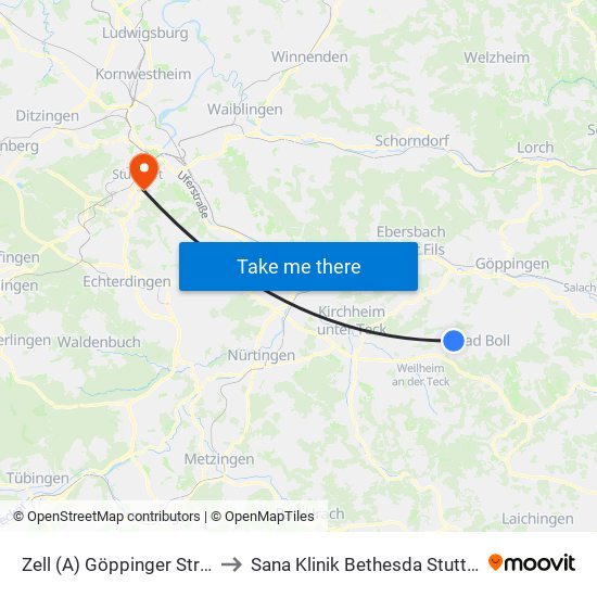 Zell (A) Göppinger Straße to Sana Klinik Bethesda Stuttgart map