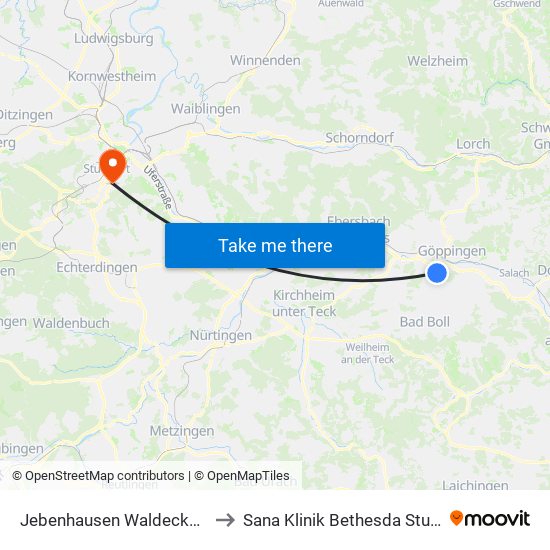 Jebenhausen Waldeckschule to Sana Klinik Bethesda Stuttgart map