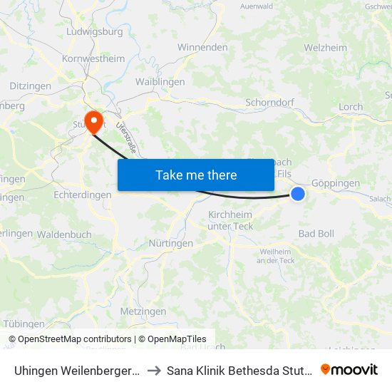 Uhingen Weilenberger Hof to Sana Klinik Bethesda Stuttgart map