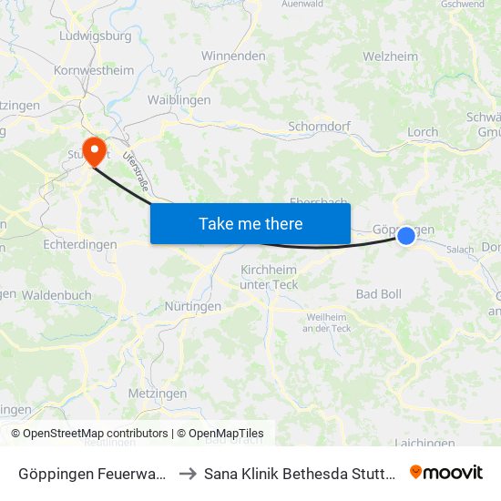 Göppingen Feuerwache to Sana Klinik Bethesda Stuttgart map