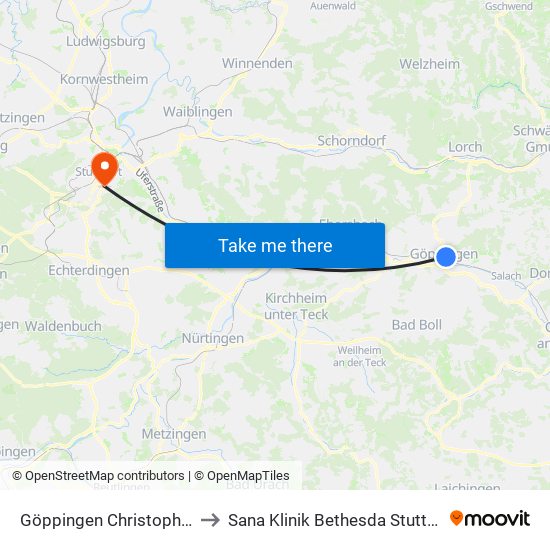 Göppingen Christophstr. to Sana Klinik Bethesda Stuttgart map