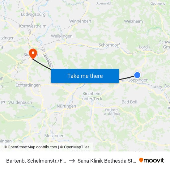 Bartenb. Schelmenstr./Friedhof to Sana Klinik Bethesda Stuttgart map