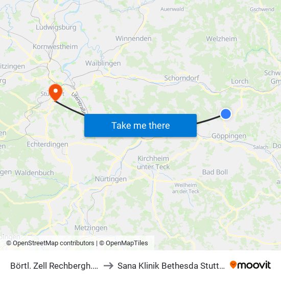 Börtl. Zell Rechbergh. Str. to Sana Klinik Bethesda Stuttgart map