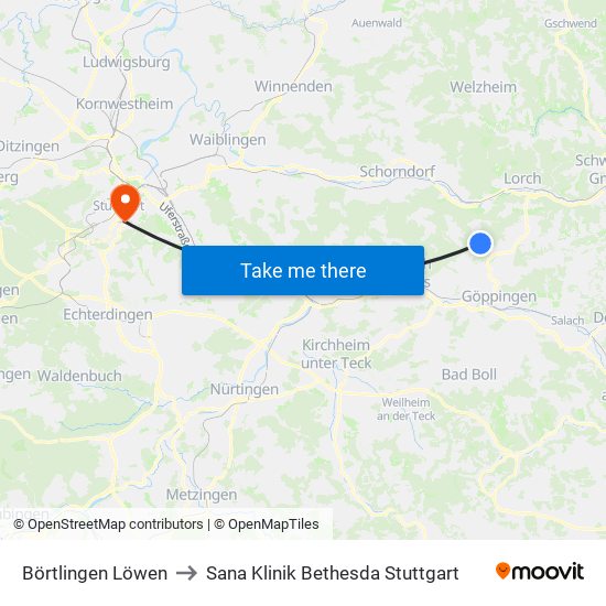 Börtlingen Löwen to Sana Klinik Bethesda Stuttgart map