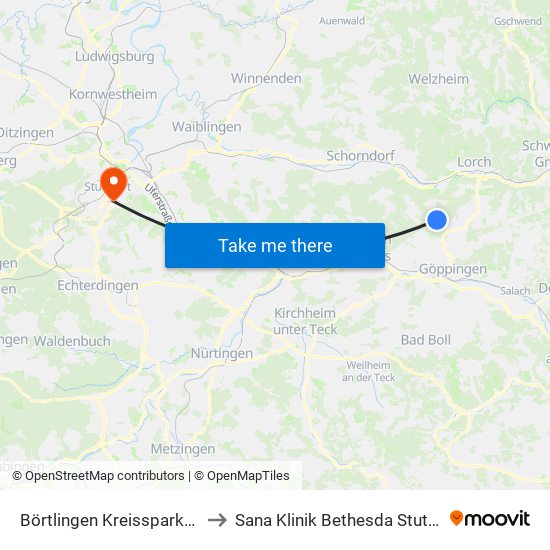 Börtlingen Kreissparkasse to Sana Klinik Bethesda Stuttgart map