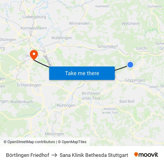Börtlingen Friedhof to Sana Klinik Bethesda Stuttgart map
