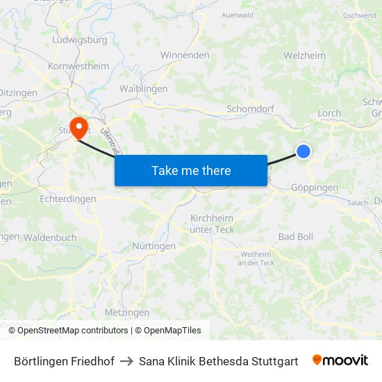 Börtlingen Friedhof to Sana Klinik Bethesda Stuttgart map