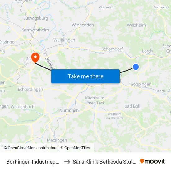 Börtlingen Industriegebiet to Sana Klinik Bethesda Stuttgart map
