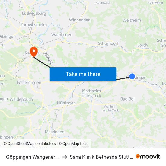 Göppingen Wangener Str. to Sana Klinik Bethesda Stuttgart map