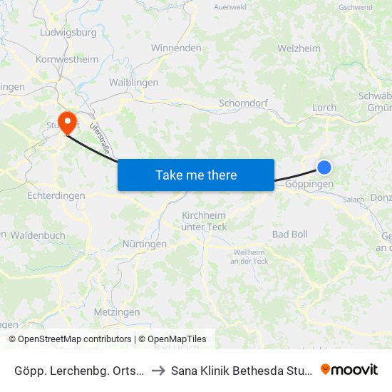 Göpp. Lerchenbg. Ortsmitte to Sana Klinik Bethesda Stuttgart map
