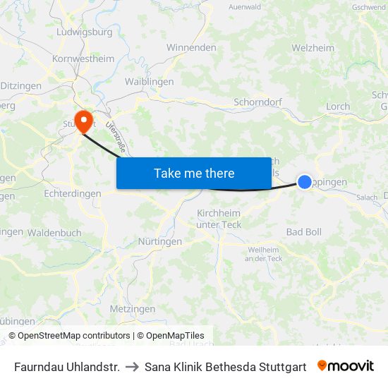 Faurndau Uhlandstr. to Sana Klinik Bethesda Stuttgart map