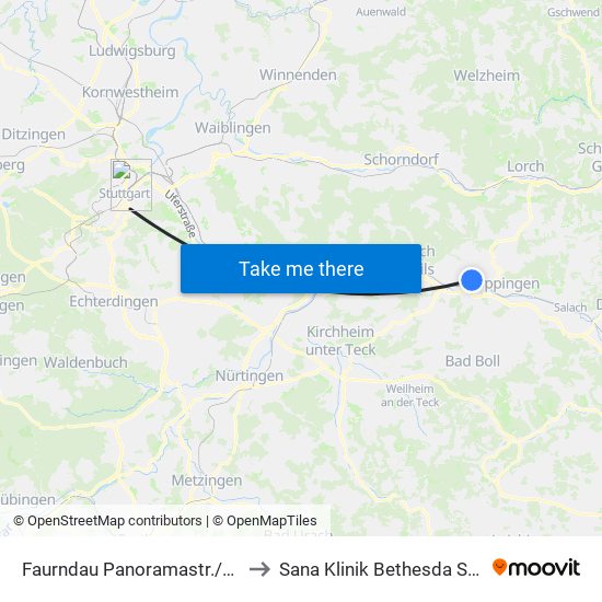 Faurndau Panoramastr./Bahnhof to Sana Klinik Bethesda Stuttgart map