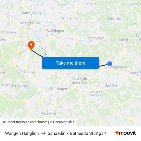 Wangen Hanglich to Sana Klinik Bethesda Stuttgart map