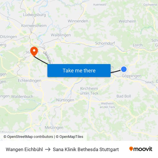 Wangen Eichbühl to Sana Klinik Bethesda Stuttgart map