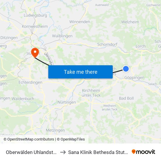Oberwälden Uhlandstraße to Sana Klinik Bethesda Stuttgart map