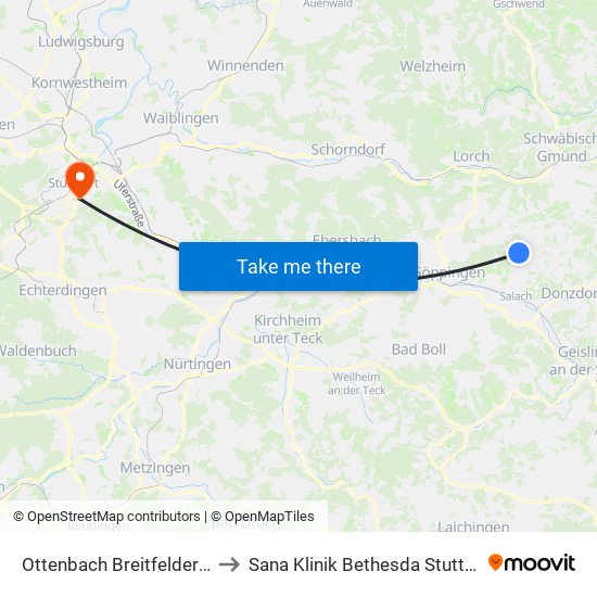 Ottenbach Breitfelderhof to Sana Klinik Bethesda Stuttgart map