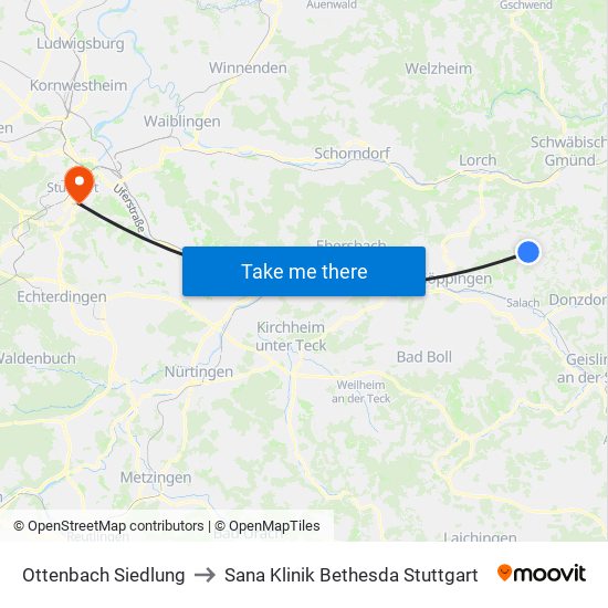 Ottenbach Siedlung to Sana Klinik Bethesda Stuttgart map
