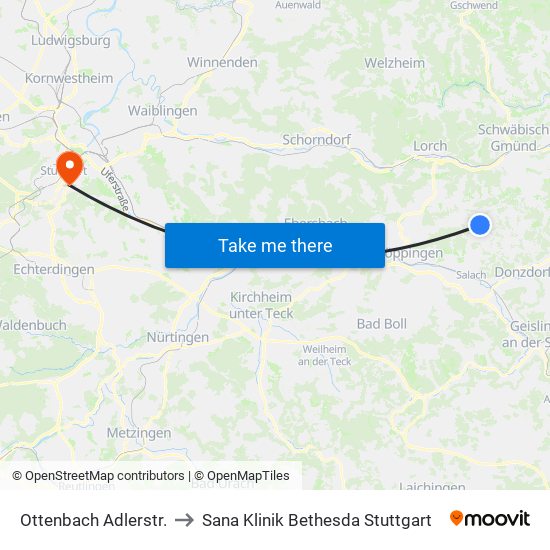 Ottenbach Adlerstr. to Sana Klinik Bethesda Stuttgart map