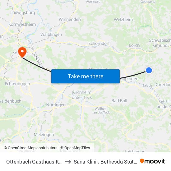 Ottenbach Gasthaus Krone to Sana Klinik Bethesda Stuttgart map