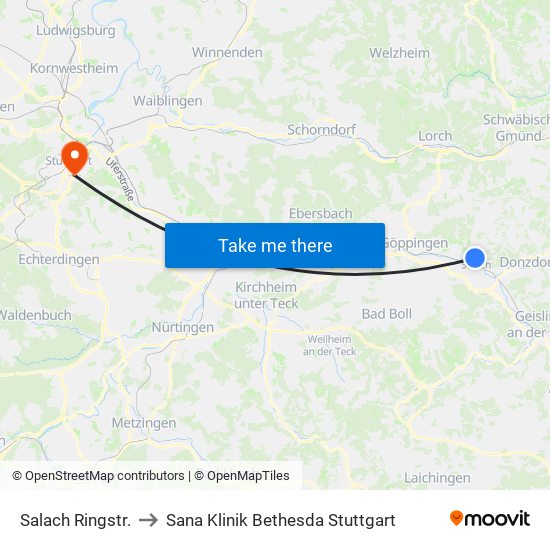 Salach Ringstr. to Sana Klinik Bethesda Stuttgart map