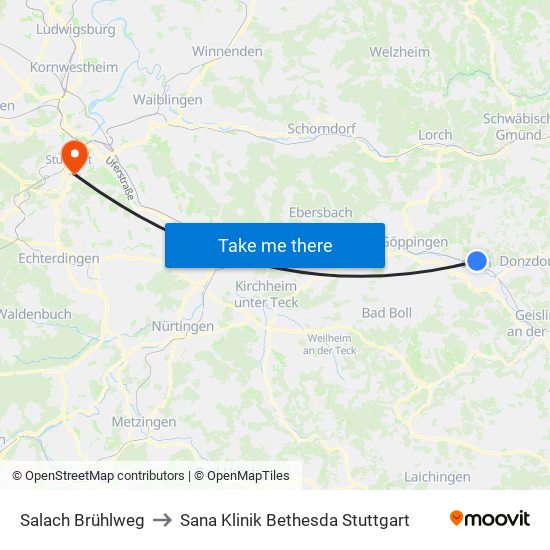 Salach Brühlweg to Sana Klinik Bethesda Stuttgart map