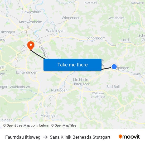Faurndau Iltisweg to Sana Klinik Bethesda Stuttgart map