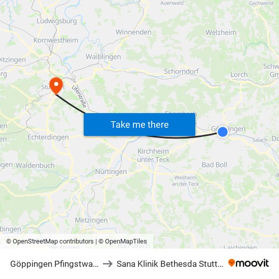 Göppingen Pfingstwasen to Sana Klinik Bethesda Stuttgart map