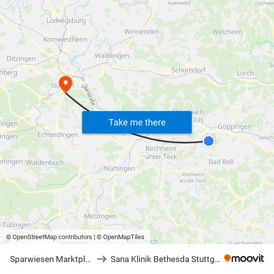 Sparwiesen Marktplatz to Sana Klinik Bethesda Stuttgart map