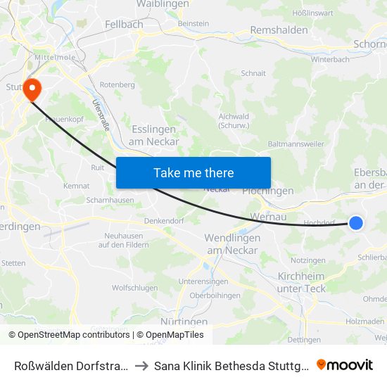 Roßwälden Dorfstraße to Sana Klinik Bethesda Stuttgart map