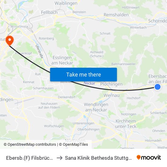 Ebersb.(F) Filsbrücke to Sana Klinik Bethesda Stuttgart map