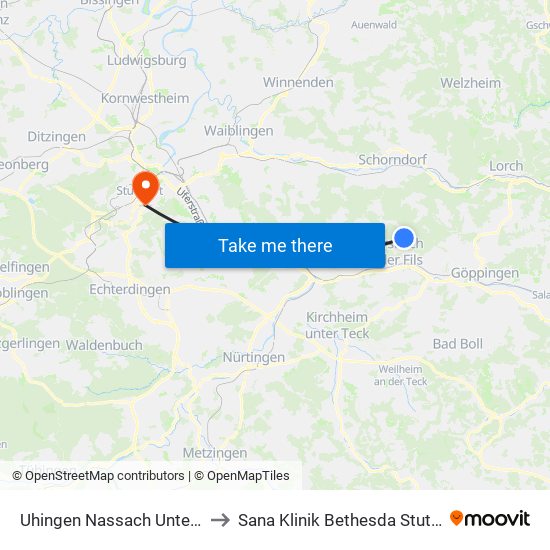 Uhingen Nassach Unterhütt to Sana Klinik Bethesda Stuttgart map