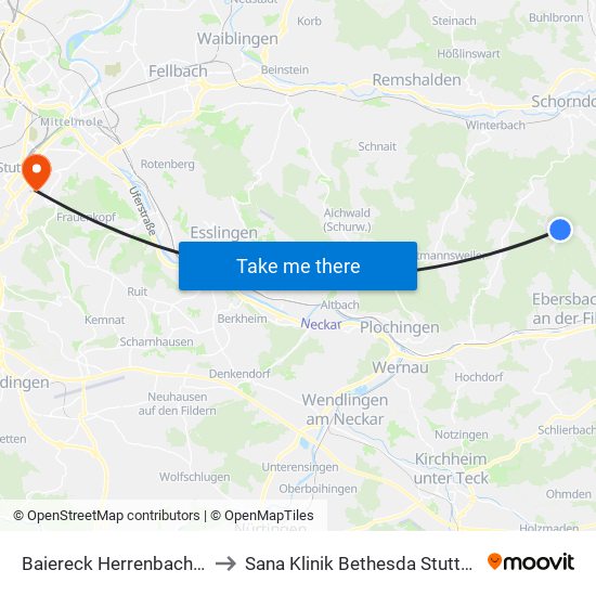 Baiereck Herrenbachstr. to Sana Klinik Bethesda Stuttgart map