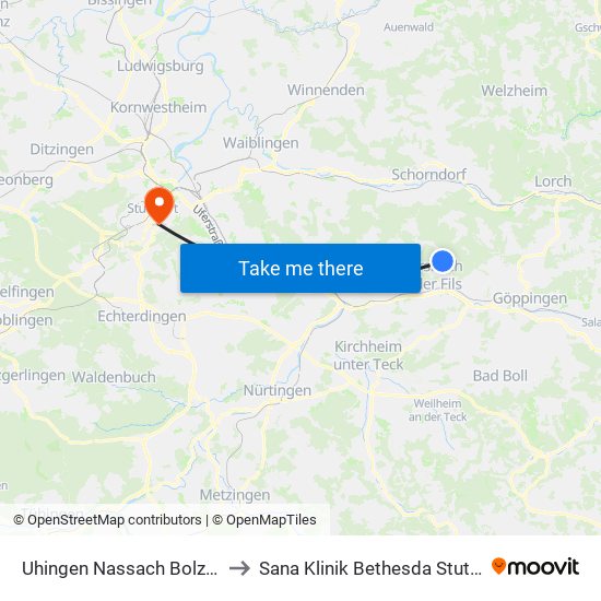 Uhingen Nassach Bolzplatz to Sana Klinik Bethesda Stuttgart map