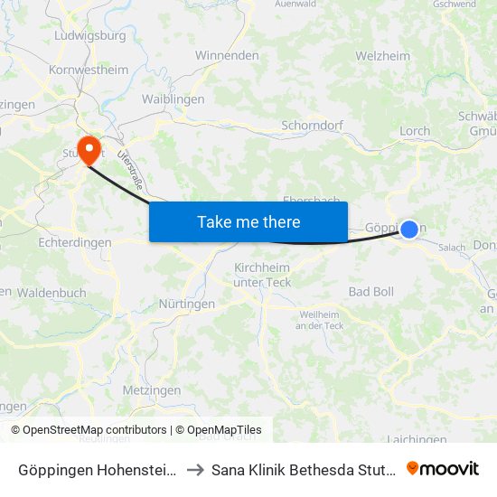 Göppingen Hohensteinstr. to Sana Klinik Bethesda Stuttgart map