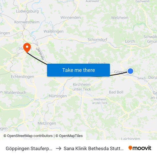 Göppingen Stauferpark to Sana Klinik Bethesda Stuttgart map