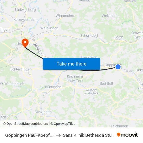 Göppingen Paul-Koepff-Weg to Sana Klinik Bethesda Stuttgart map