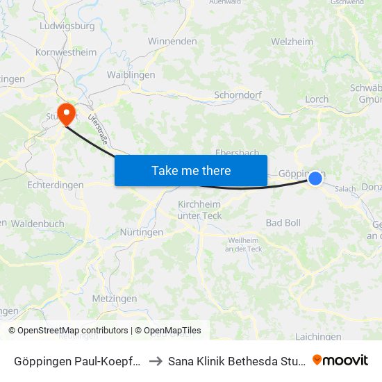 Göppingen Paul-Koepff-Weg to Sana Klinik Bethesda Stuttgart map